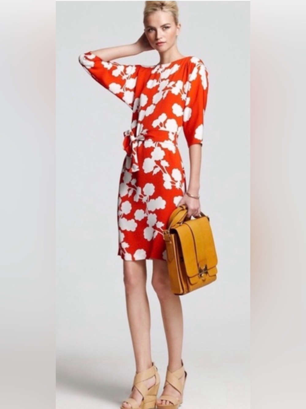 DVF Silk Orange & White Floral Tie-Waist Midi Dress